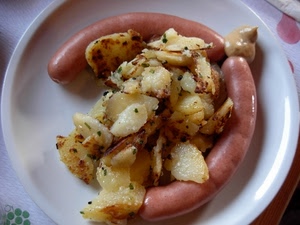 piatto, patate, cibo, salsicce, wurstel, senape, salsiccia, bianco, tovaglia, rosa, carne, due