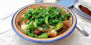 piatto, verde, cibo, pane, broccoli, verdure, verdura, posate, carne