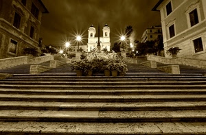 gradini, luci, scalinata, fiori, scale, scala, roma, chiesa, notte, seppia, bianconero