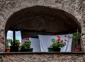 arco, vasi, gerani, fiori, lenzuola, panni, fili, bucato, piante, casa, balcone, rosso, verde, muro, bianco, stesi