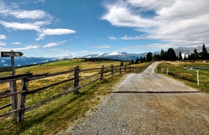 strada, alberi, montagne, staccionata, nuvole, cielo, verde, prati, cartello, legno, panorama, sterrato, pini, erba, freccia, pascolo, neve, mucche, paletti, azzurro, indicazione, campi, bosco, steccato, sentiero, sassi