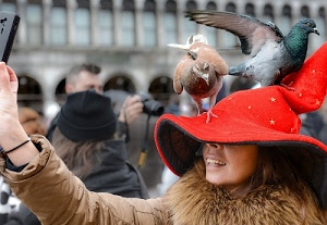 piccioni, cappello, rosso, donna, colombi, pelliccia, sorriso, ragazza, ali, carnevale, denti, uccelli, persone, selfie, braccio, due, becco
