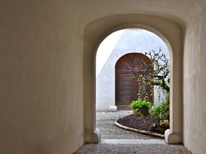 albero, aiuola, arco, porta, portone, verde, ingresso, legno, sassi, rami, piante, pianta, muro, giardino, marrone, cortile, archi