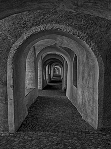archi, bianconero, prospettiva, portico, portici, finestre, pavimento, grigio, sanpietrini, muri, vicolo, arco, volte, ombre, porfido