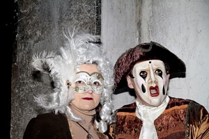 maschere, carnevale, cappello, due, piume, parrucca, costume, bianco, stupore