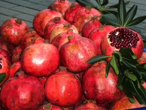 rosso, melograni, frutta, foglie, chicchi, grani, semi, melograno, verde