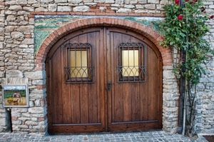 portone, arco, pianta, grate, legno, pietre, verde, foglie, porta, mattoni, rose, casa, muro, ferro, finestre, quadro, rami, rosa
