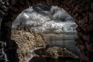 nuvole, arco, mare, acqua, case, roccia, cielo, scogli, scogliera, castello, cornice, rocce, tempesta, maltempo