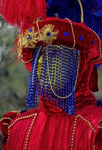 maschera, carnevale, rosso, blu, cappello, oro, piume, azzurro, perle