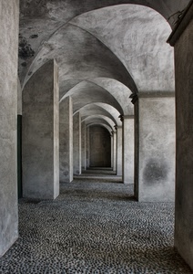 archi, bianconero, colonne, portico, prospettiva, volte, pilastri, sassi, porticato, capitelli, arco, volta, acciottolato, ombre